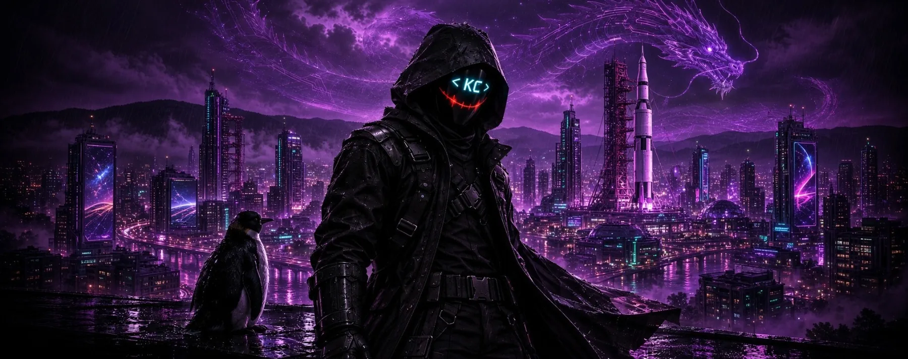 Kyber Cypher standing on a rooftop over a neon Huntsville skyline with Tux and the circuit dragon