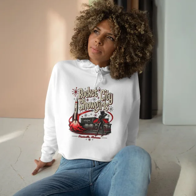 Rocket City Showgirls Crop Hoodie — Retro Huntsville Alabama Pinup Graphic