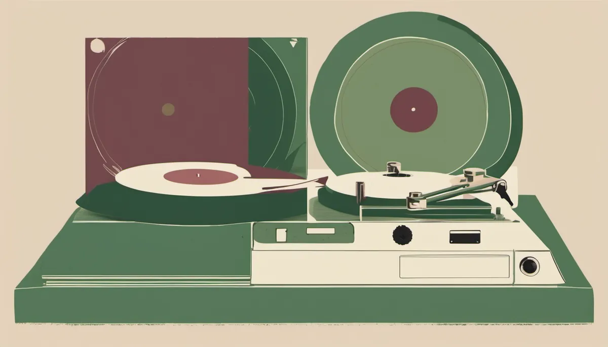 Two turntables and a mixer with a record sleeve, standing for DJ equipment judged from real use.