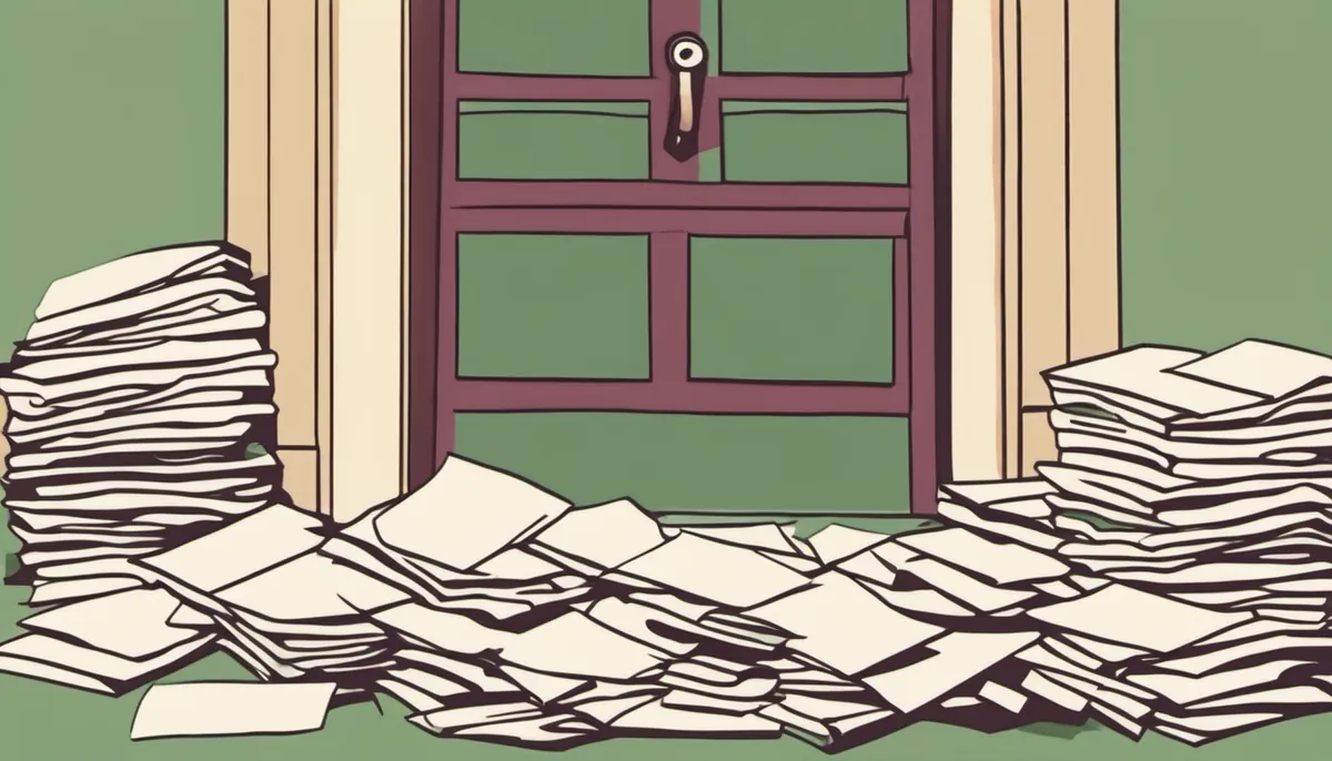 A front door with heaps of paper flyers piled up outside it, standing for stopping adverts before they reach your devices.