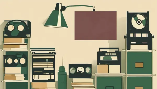 Shelves of film reels and media boxes beside a lamp, standing for keeping a film collection you actually own.