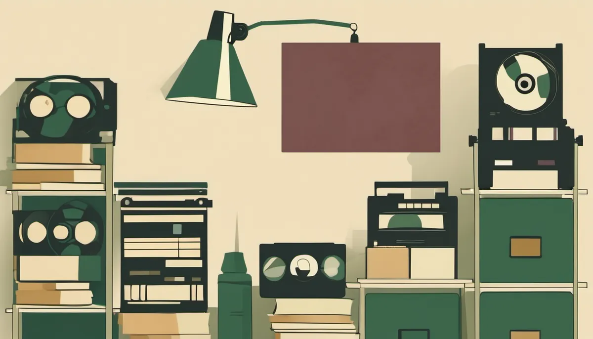 Shelves of film reels and media boxes beside a lamp, standing for keeping a film collection you actually own.