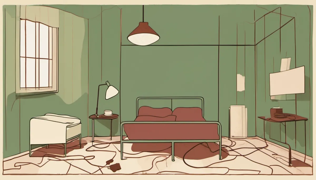 A room with its lamps still lit and a loose cable across the floor, standing for a smart home that works without the internet.