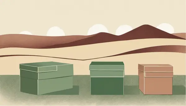 Three boxes set apart on open ground with hills behind them, standing for three copies with one kept somewhere else.