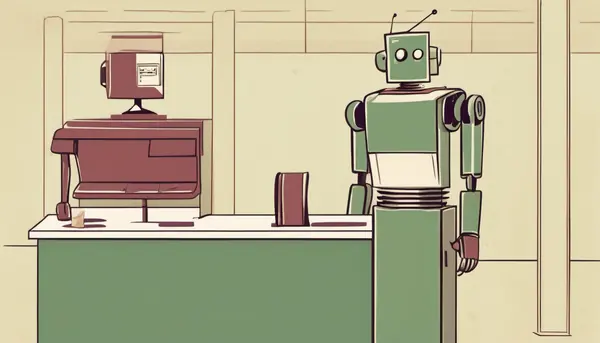A robot standing behind an empty reception desk, standing for an assistant that reports success it cannot deliver.