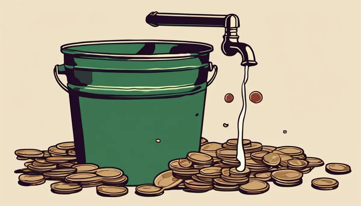A tap dripping coins into a bucket with more coins spilling around it, standing for automation quietly spending money.