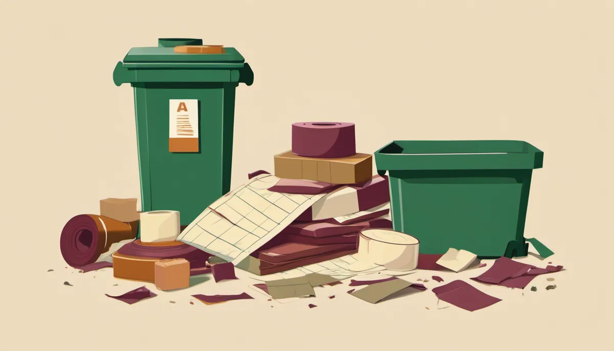 A waste bin and a crate beside a scattered pile of papers, standing for deciding what is worth throwing away.