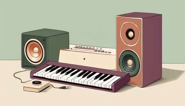 A music keyboard between two loudspeakers, standing for a music studio built from free software at home.