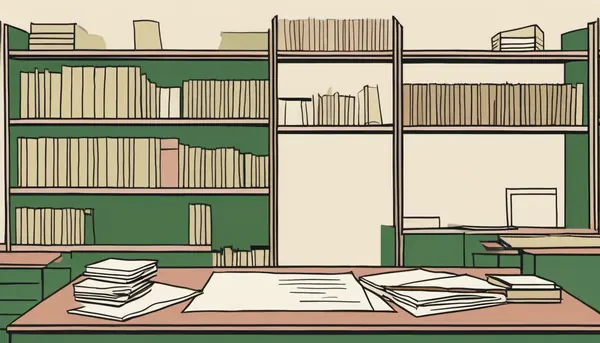 A hand writing confident notes in front of an empty bookshelf, standing for a research assistant inventing answers it never looked up.