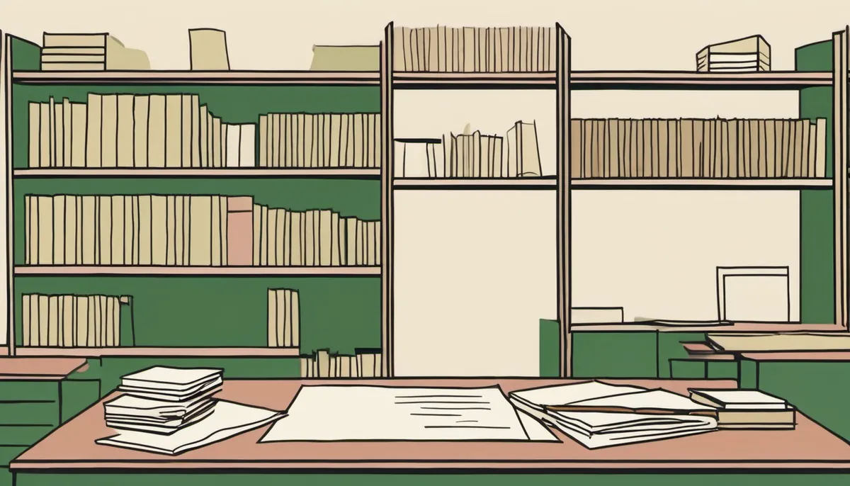 A hand writing confident notes in front of an empty bookshelf, standing for a research assistant inventing answers it never looked up.