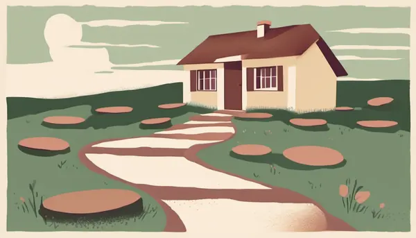 A path of stepping stones leading to a small house, one stone for each step in the build order.