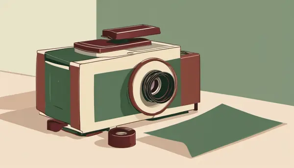 A curling strip of film beside a projector, standing for short films made at home.